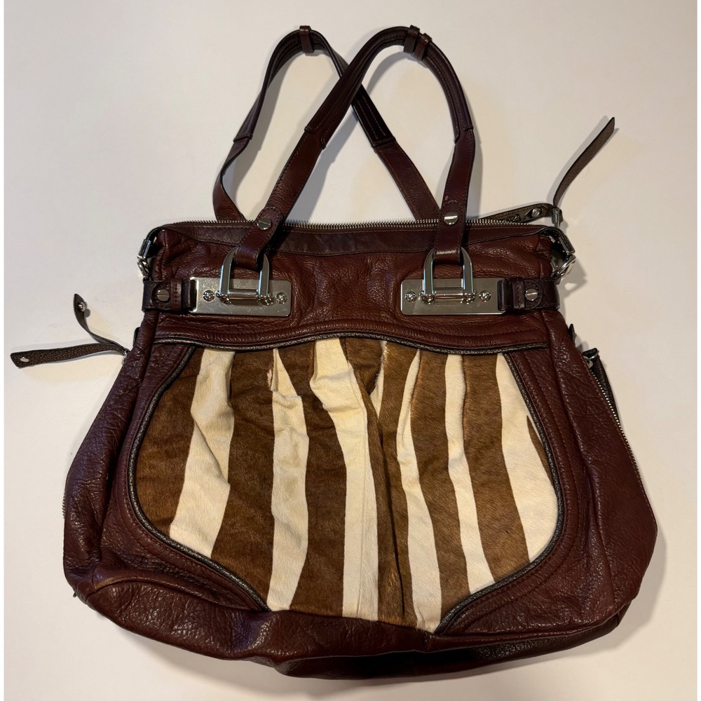 B. Makowsky Brown Leather Zebra Pony Hair Shoulder Bag Leopard Lining Satchel